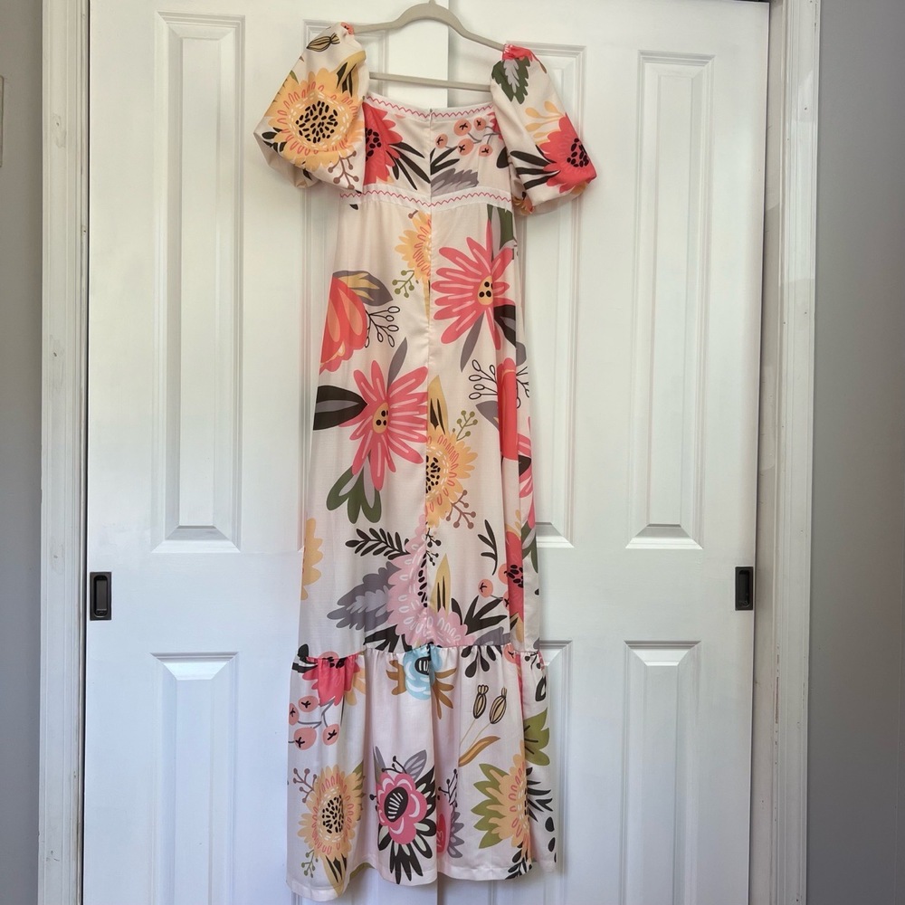 Floral Bohemian Square Neck‎ Puff Sleeve Tiered Ruffled Hem Maxi Dress Size M - Picture 13 of 16